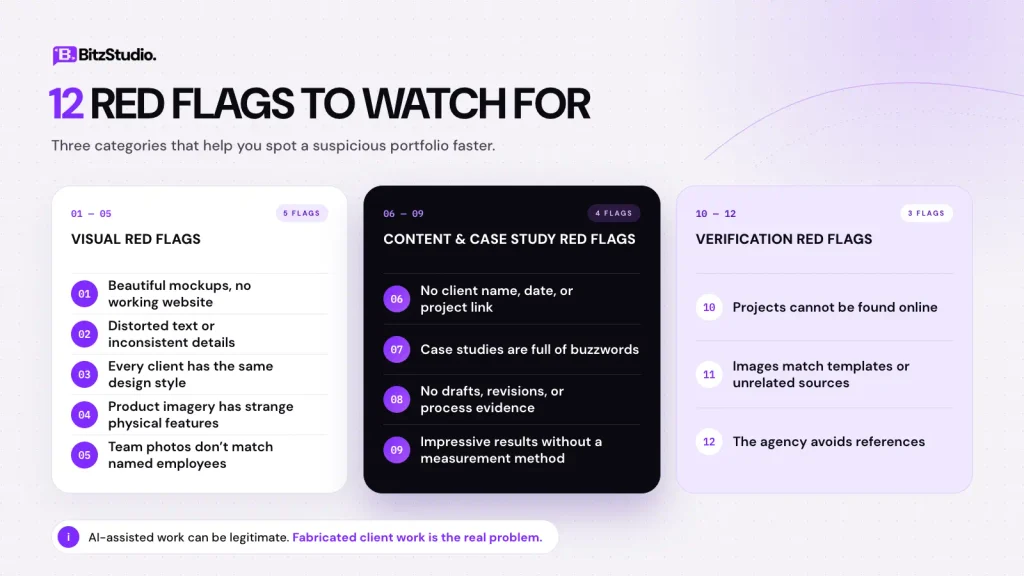 12 red flags of an AI-generated agency portfolio grouped into visual, content and case study, and verification red flags