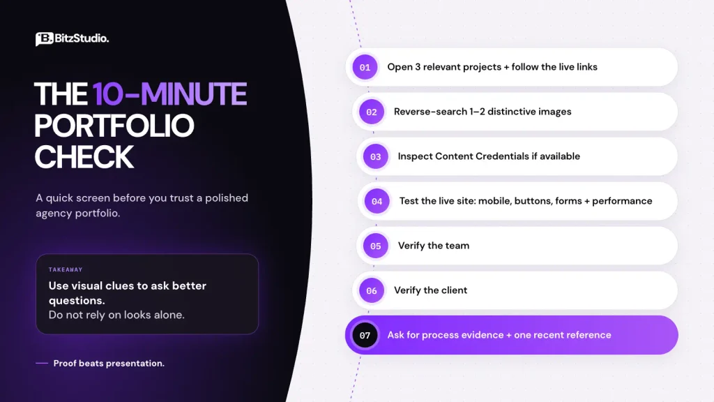 The 10-minute agency portfolio check in seven steps, from opening live projects to asking for a recent reference